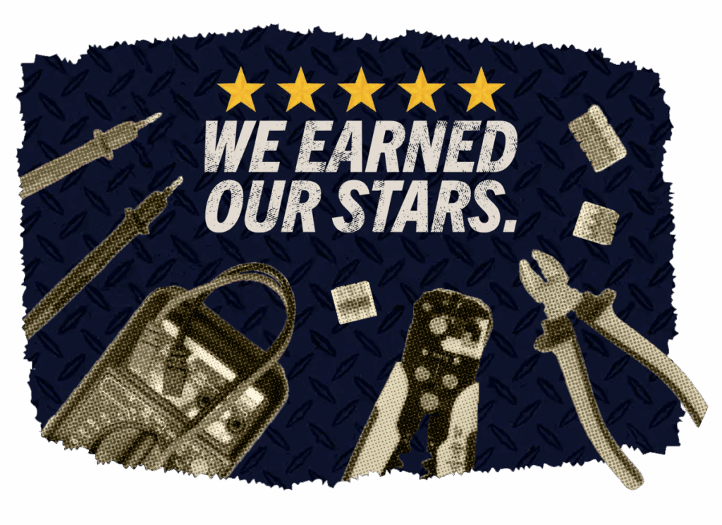 Tools and equipment with text "WE EARNED OUR STARS" and five gold stars on a textured dark background, representing quality service in HVAC and plumbing.