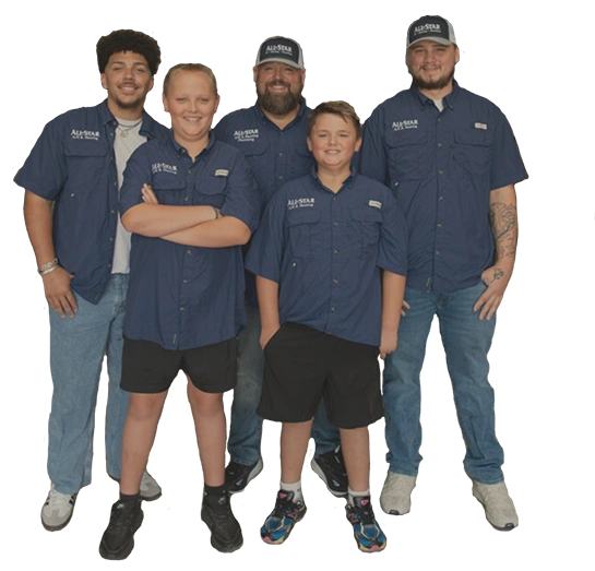 Team of All Star A/C, Heating & Plumbing employees in blue uniforms, showcasing expertise in HVAC and plumbing services.