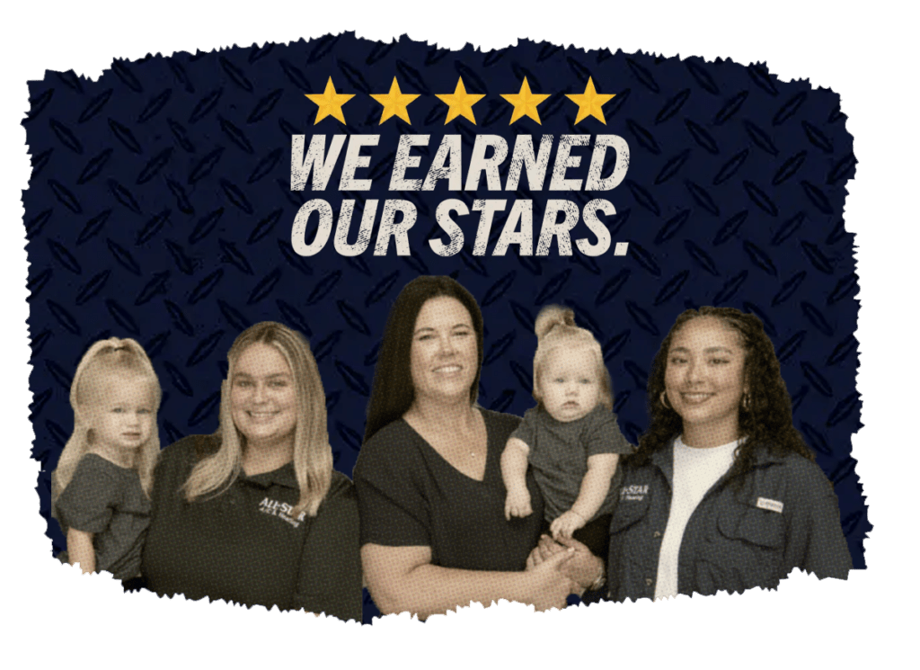 Group of smiling women and children promoting All Star A/C, Plumbing & Electrical with the text "WE EARNED OUR STARS" and five gold stars on a textured blue background.