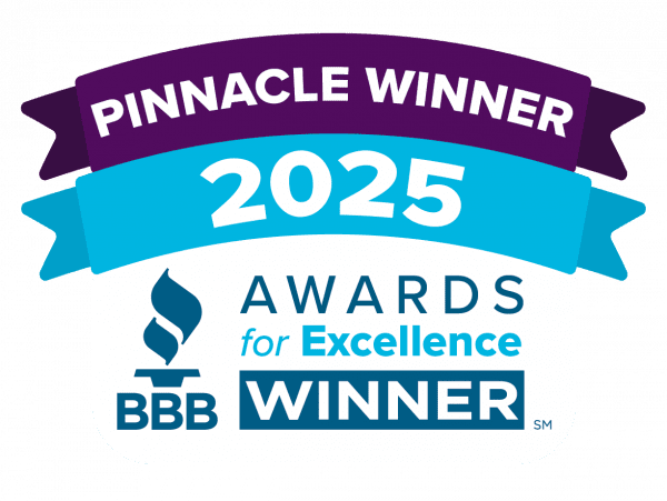 Pinnacle Winner badge for the 2025 BBB Awards for Excellence, highlighting All Star AC, Heating, & Plumbing's commitment to quality service in HVAC and plumbing.