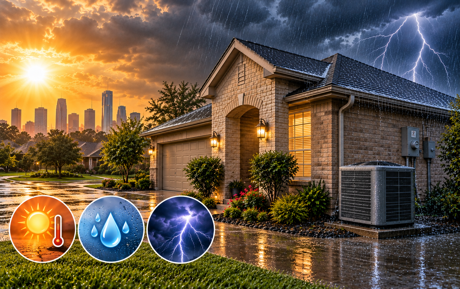 Houston homeowners protecting HVAC plumbing and electrical systems from heat humidity and thunderstorms